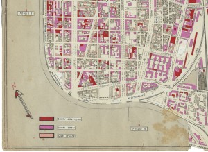 Danni arrecati agli stabili 1:5000, 1942-1945. Zona 2: Borgo San Salvario, Parco del Valentino, Vecchia Barriera di Nizza, Borgo San Secondo, Crocetta. ASCT, Tipi e disegni, cart. 68, fasc. 2 disegno 2 – quadrante 3. © Archivio Storico della Città di Torino