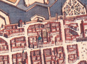 L’isolato di Santa Croce nel 1674 (Theatrum Sabaudiae, I).