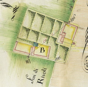 Cascina Bellezia. Michele Antonio Boglione, Disegno dei confini territoriali tra la città, Gonzole, Borgaretto e Beinasco, 1785, © Archivio Storico della Città di Torino