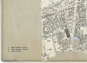 Bombe e mezzi incendiari lanciati 1:5000, 1942-1945. Zona 4: Campidoglio - Martinetto - Borgo S.Donato - Foro Boario - Boringhieri - Tesoriera. ASCT, Tipi e disegni, cart. 68, fasc. 1 disegno 4, quadrante 3. © Archivio Storico della Città di Torino