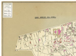 Danni arrecati agli stabili 1:5000, 1942-1945. Zona 14: Borgata Lesna, Pozzo Strada. ASCT, Tipi e disegni, cart. 68, fasc. 2 disegno 14 – quadrante 4. © Archivio Storico della Città di Torino