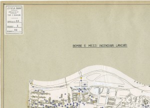 Bombe e mezzi incendiari lanciati 1:5000, 1942-1945. Zona 11: Molinette - Millefonti Nuova Barriera di Nizza. ASCT, Tipi e disegni,cart. 68, fasc. 1 disegno 11, quadrante 4. © Archivio Storico della Città di Torino