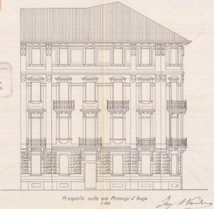 Facciata verso via Principi d'Acaja - progetto edilizio casa Società Anonima Piemontese di Elettricità/Vandone (ASCT, PE I cat. 1909/428)