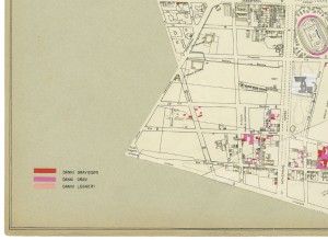 Danni arrecati agli stabili 1:5000, 1942-1945. Zona 10: Santa Rita da Cascia, Stadio Comunale, Ospizio di Carità nuovi mercati. ASCT, Tipi e disegni, cart. 68, fasc. 2 disegno 10 – quadrante 3. © Archivio Storico della Città di Torino