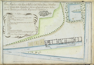 «Piano Regolare» degli edifici produttivi lungo il canale del Martinetto, tra cui quello «per la Vernice della Majolica», disegno del 1781. © Archivio Storico della Città di Torino